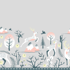 Naklejka na meble Winter Deers and Landscape Vector Seamless Horizontal Border Background