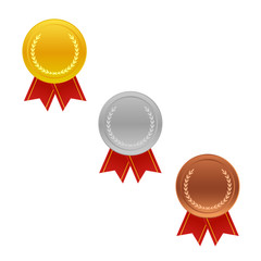 Realistic award medals. Winner medal gold bronze silver first place trophy champion honor best shiny circle ceremony prize, vector