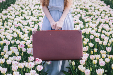 Beautiful young woman with long red hair wearing in white dress standing with luggage on colorful tulip field. Happy blond girl holding old vintage suitcase. Spring travel and adventure concept