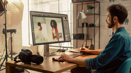 Poster - Backstage of the Photoshoot: Photo Editor Works on Desktop Computer Retouching Photos of Beautiful Black Model with Image Editing Software. Fashion Internet Magazine 