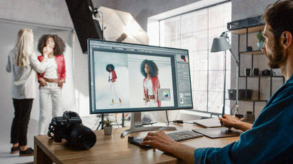 Poster - Backstage of the Photoshoot: Make-up Artist Applies Makeup on Beautiful Black Girl. Photo Editor Works on Desktop Computer Retouching Photo with Image Editing Software. Fashion Internet Magazine 