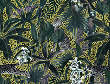 Tropical Seamless Pattern With Tropical Flowers, Banana Leaves And Panther, Leopard, Cougar, Wildcat, Parrot. Luxury Background