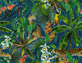 Tropical seamless pattern with tropical flowers, banana leaves and panther, leopard, cougar, wildcat, parrot. Luxury background