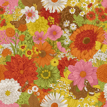 Seamless Floral Pattern 70s. Autumn Flowers And Butterflies. Warm Colors.