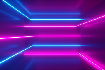 Poster - abstract background, moving neon rays, luminous lines inside the room, fluorescent ultraviolet light