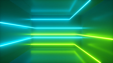 Poster - abstract background, moving neon rays, luminous lines inside the room, fluorescent ultraviolet light