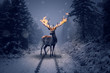 Ein Hirsch mit brennenden Geweih steht im Winterwald