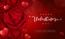 Valentine's Day Greeting Card Templates With Realistic Of Beautiful Red Rose On Background 