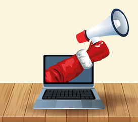 Sticker - Laptop computer and hand holding a megaphone over wooden and white background, colorful design