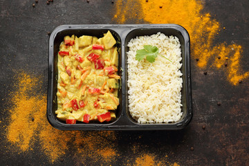 Chicken in curry sauce with rice, a takeaway container. A meal in a box. Ready dish in a black container. Composed take-out meal, diet catering. The container on a dark background