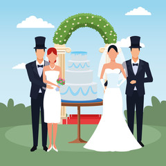 Sticker - happy couples with weeding cake and floral arch around over landscape background