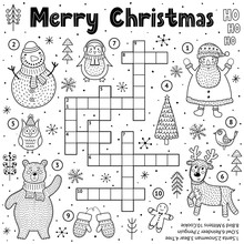 Merry Christmas Crossword Game For Kids. Black And White Educational Activity Page For Coloring