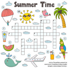 Summer Time Crossword Game For Kids. Funny Educational Activity Page