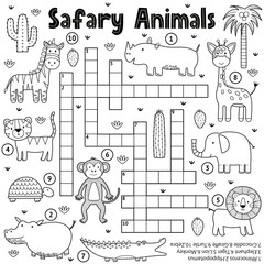 Canvas Print - Black and white crossword game for kids with safari animals