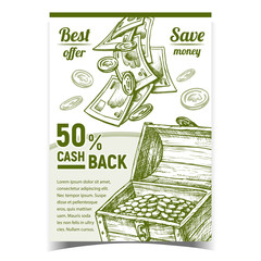 Poster - Cash Back Commercial Advertising Poster Vector. Cash Money Banknotes And Coin Pounds In Vintage Wooden Dower Chest. Payment, Shopping Buying Creative Banner. Financial Capital Monochrome Illustration