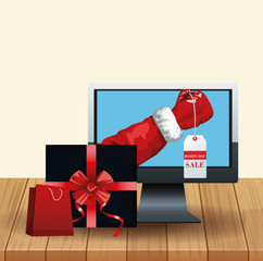 Canvas Print - Gift box, shopping bag and computer over wooden and white background