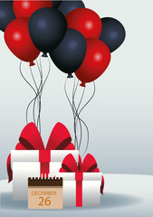 Canvas Print - red and black balloons, gift bags and calendar over gray background