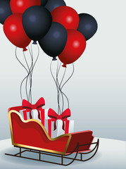 Sticker - sled with gift boxes and red and black balloons over gray background