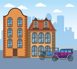 Poster - classic buildings and cars over urban city background