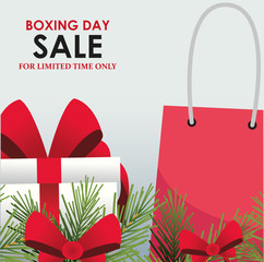 Sticker - Boxing sale colorful design with decorative pine branches, shopping bag and gift box over gray background