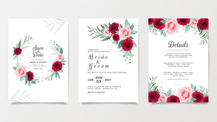 Wall Mural - Wedding invitation card template set with flowers decoration. Burgundy and peach roses botanic illustration for save the date, greeting, poster, cover vector