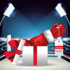 Poster - Gift box with hand holding a tag over boxing ring background