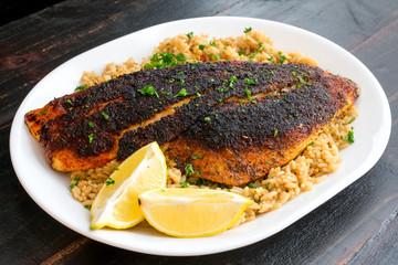 Cajun-style Blackened Red Snapper on Dirty Rice