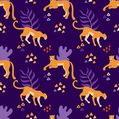Aufkleber - Jaguars. Vector hand drawn seamless pattern with leopards. Ornament with predators. Wild cats background.
