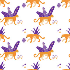 Aufkleber - Jaguars. Vector hand drawn seamless pattern with leopards. Ornament with predators. Wild cats background.