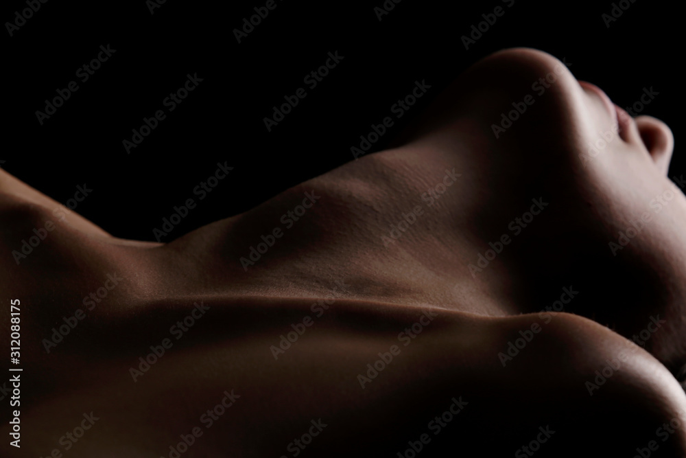 Sensual picture of woman's neck. Nude photography with visible collarbones.  - obrazy, fototapety, plakaty 
