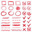 Marker drawing checkbox red vector sketch isolated. Hand drawn brush and pen stroke highlights, select V marks, check squares, circles lines and underlines. Ink design doodle elements for any purposes