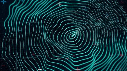 Animated abstract bended neon concentric circles on black background. Animation. Futuristic turquoise geo location program with wavy surface, seamless loop.