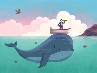 Whale helping man on a boat