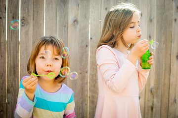 Wall Mural - girls blowing bubbles with wands by fence