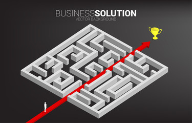 Poster - Businessman standing on red arrow route break out of maze to champion trophy. Business concept for problem solving and solution strategy.
