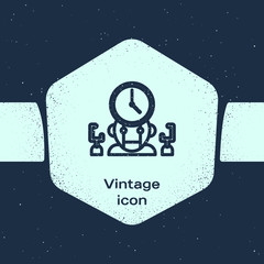 Poster - Grunge line Robot and digital time manager icon isolated on blue background. Time management assistance, workflow optimization help. Monochrome vintage drawing. Vector Illustration