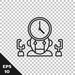 Poster - Black line Robot and digital time manager icon isolated on transparent background. Time management assistance, workflow optimization help.  Vector Illustration