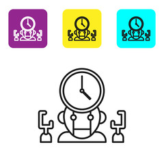 Poster - Black line Robot and digital time manager icon isolated on white background. Time management assistance, workflow optimization help. Set icons colorful square buttons. Vector Illustration