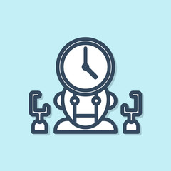 Poster - Blue line Robot and digital time manager icon isolated on blue background. Time management assistance, workflow optimization help.  Vector Illustration