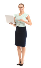 Sticker - Female real estate agent with laptop on white background