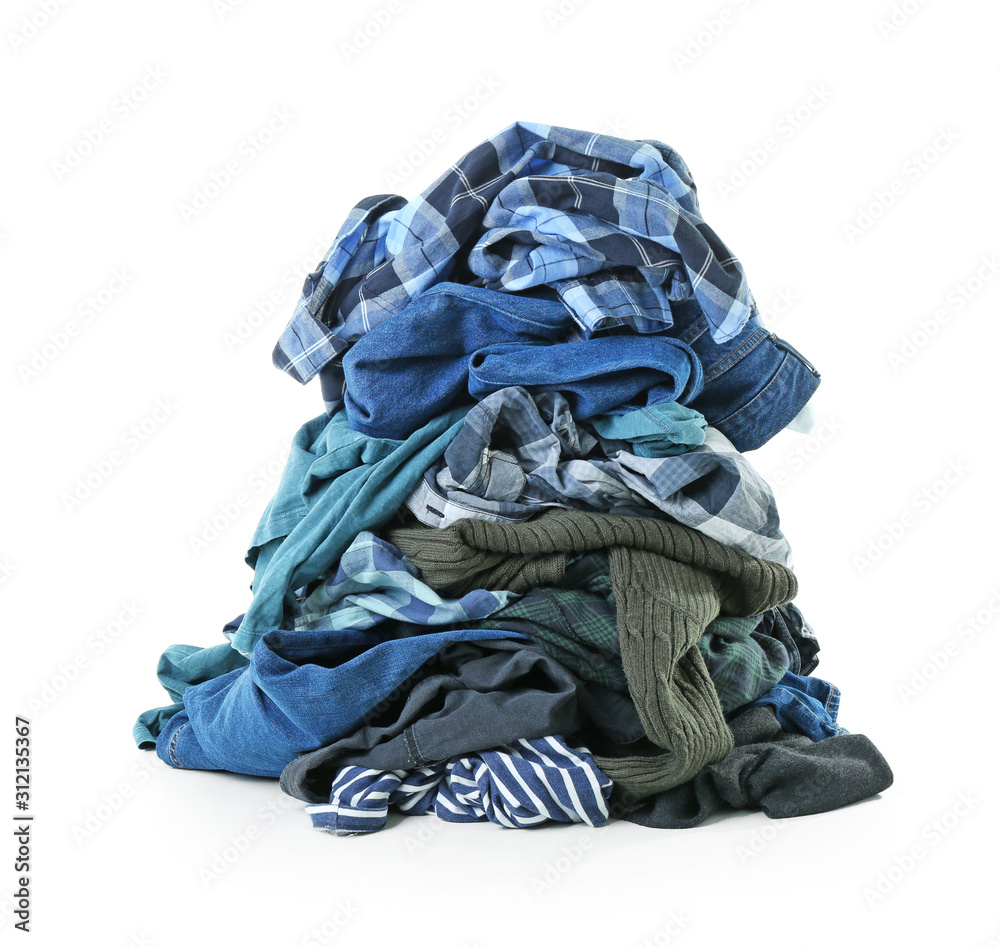 Heap of different clothes on white background