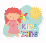 Fototapeta Dinusie - kids zone, cute little doll with pinwheel