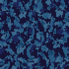  Classic blue tweed knit stitch effect vector texture. Masculine camouflage seamless melang pattern. Hand knitting sweater. Close up fabric textile  background. Homespun wool allover print swatch