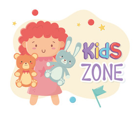 Sticker - kids zone, little doll with teddy bear and rabbit