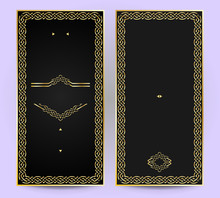 Invitation In Vintage Or Retro Style Frame And Label Elements. For Packaging, Design Of Luxury Products, Perfume And Wine. Vertical Cover Template With Golden Foil
