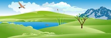 Vector Illustration Of Wildlife Scene, View Of Riverbank, Forest, Woodlands, Clouds On The Sky, Green Hills