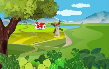 Wall Mural - vector illustration of countryside, green hills, riverside, houses, mills, farmland