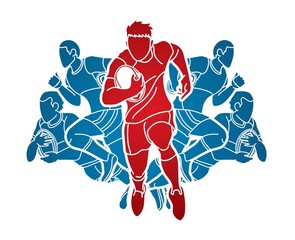 Wall Mural - Group of Rugby players action cartoon sport graphic vector