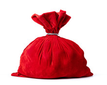 Full Red Santa Claus Sack Tied With A Rope, Isolated On White Background. File Contains A Path To Isolation.