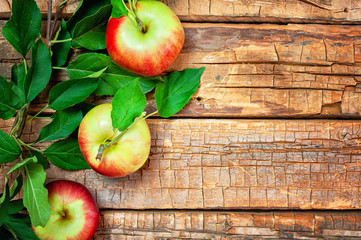 Fresh apples on wooden background top view.